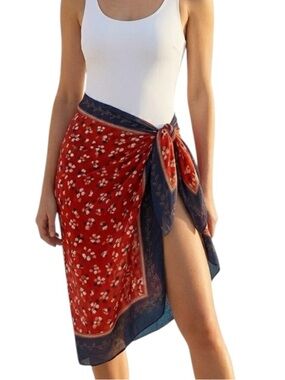Ann Taylor LOFT Red and Navy Floral Border Scarf Wrap